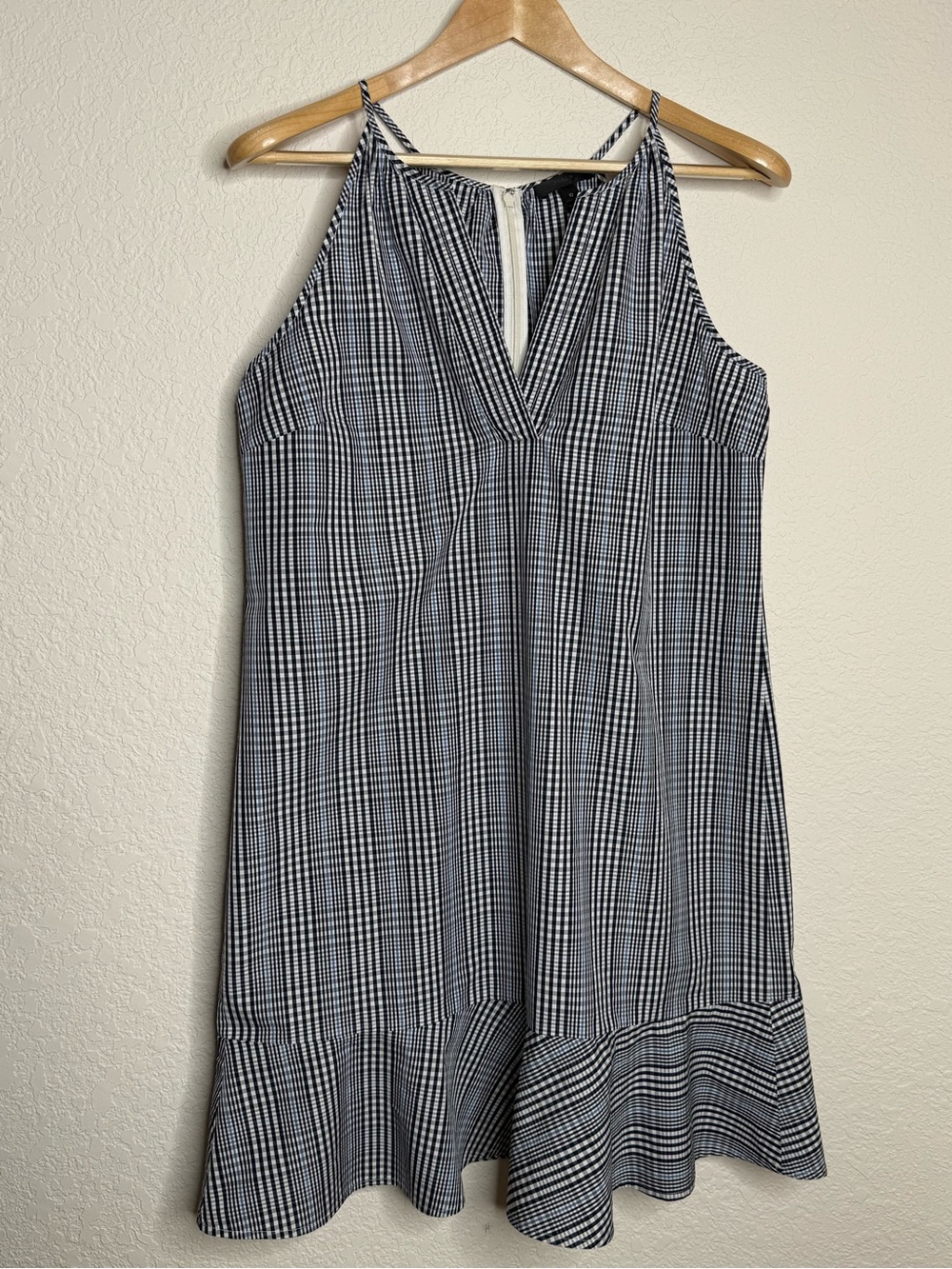 J.Crew Navy Gingham Halter Mini Dress with Ruffle Hem, Size 10 Plaid Preppy